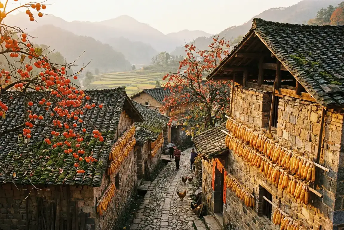 秋天的古村落，柿子树挂满红果，玉米晾晒在墙上 - 日本成本人动漫片视频 秋收景象